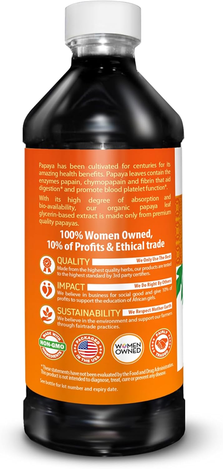 Organic Papaya Leaf Extract Liquid - 15X Platelet Boost, Bone Marrow & Spleen Support, Immune Health - 16 oz Bottle