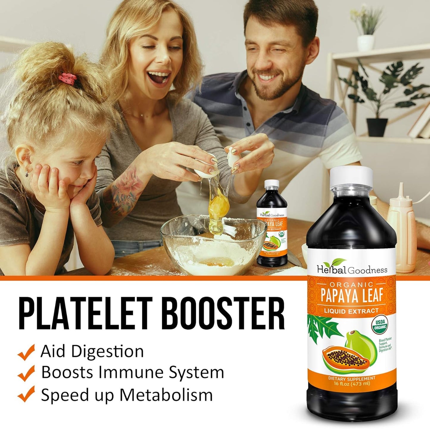 Organic Papaya Leaf Extract Liquid - 15X Platelet Boost, Bone Marrow & Spleen Support, Immune Health - 16 oz Bottle