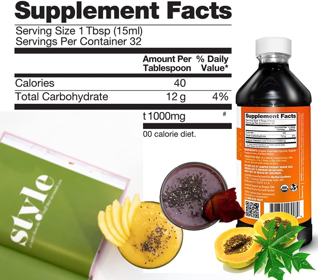 Organic Papaya Leaf Extract Liquid - 15X Platelet Boost, Bone Marrow & Spleen Support, Immune Health - 16 oz Bottle