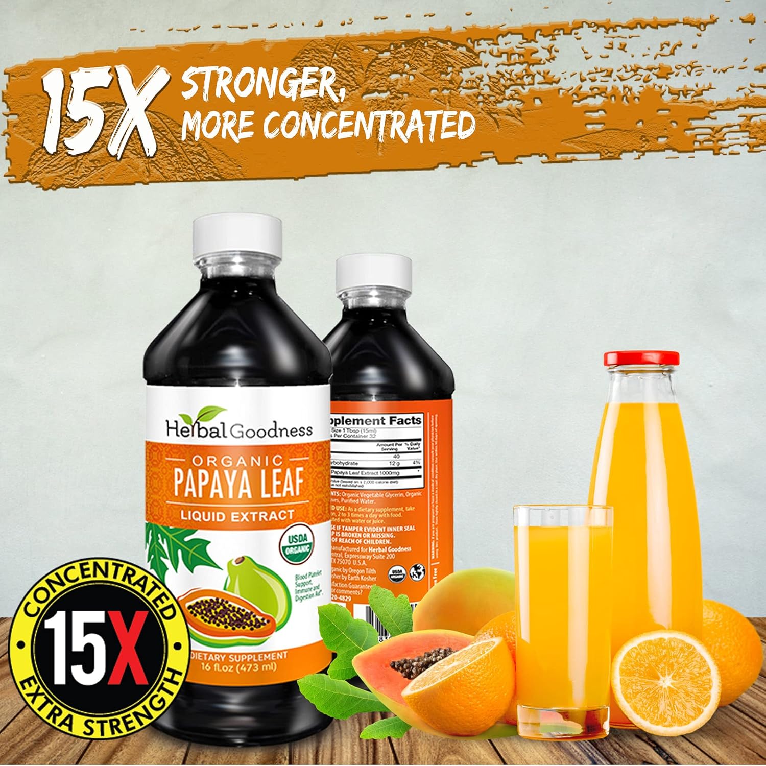 Organic Papaya Leaf Extract Liquid - 15X Platelet Boost, Bone Marrow & Spleen Support, Immune Health - 16 oz Bottle