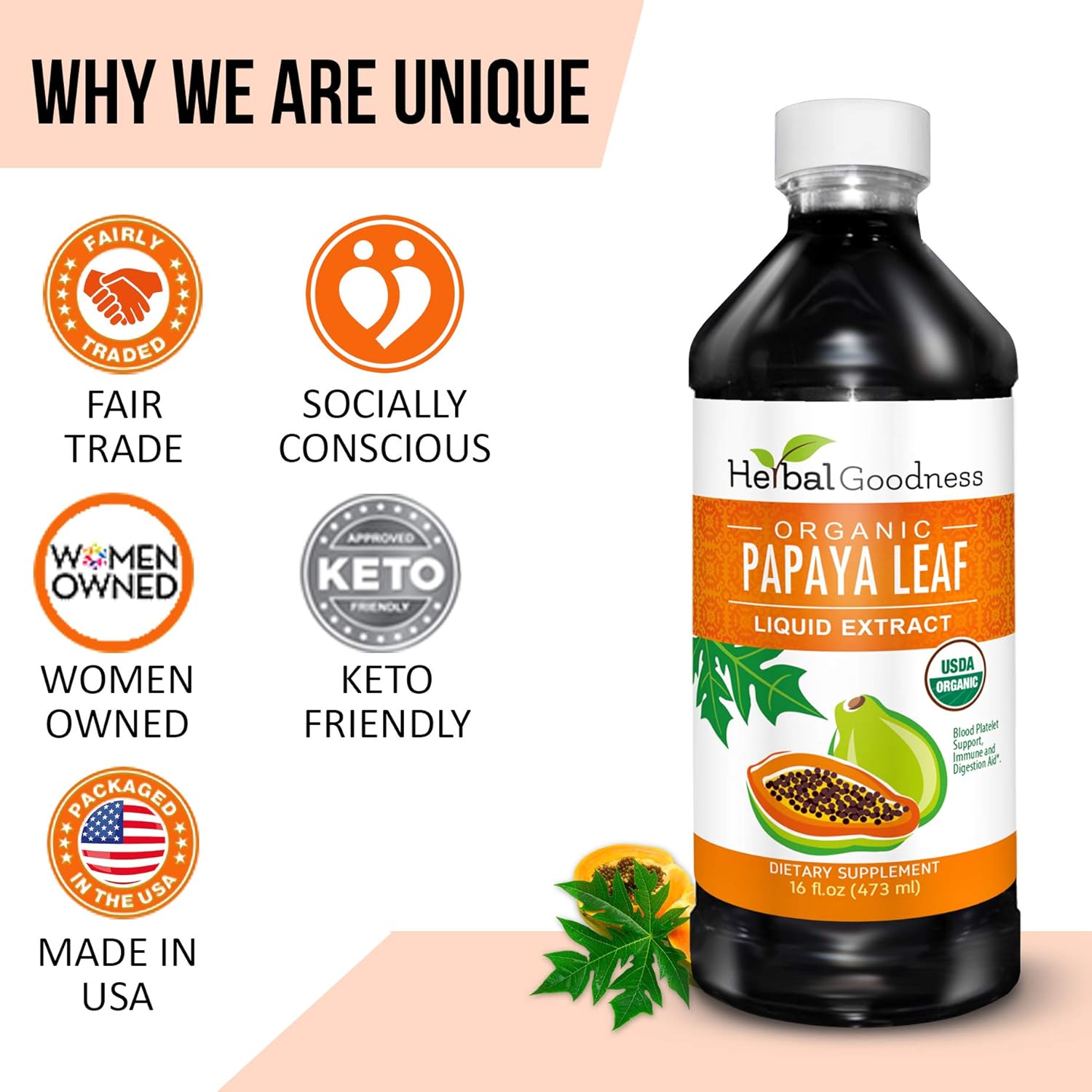 Organic Papaya Leaf Extract Liquid - 15X Platelet Boost, Bone Marrow & Spleen Support, Immune Health - 16 oz Bottle