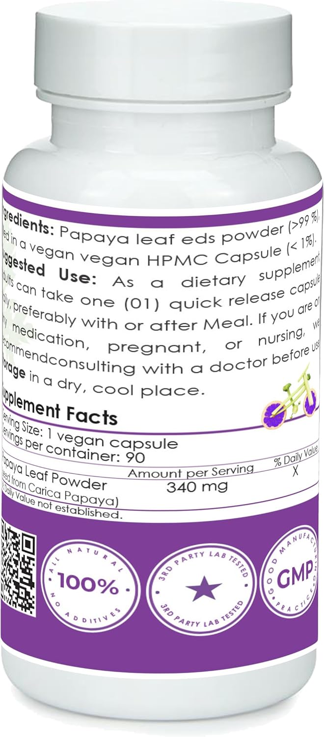Organic Papaya Leaf Powder Capsules | 340mg | Platelet Support | Non-GMO Vegan Supplement | Gluten-Free Dairy-Free Soy-Free | Ethically Sourced | 90 Capsules