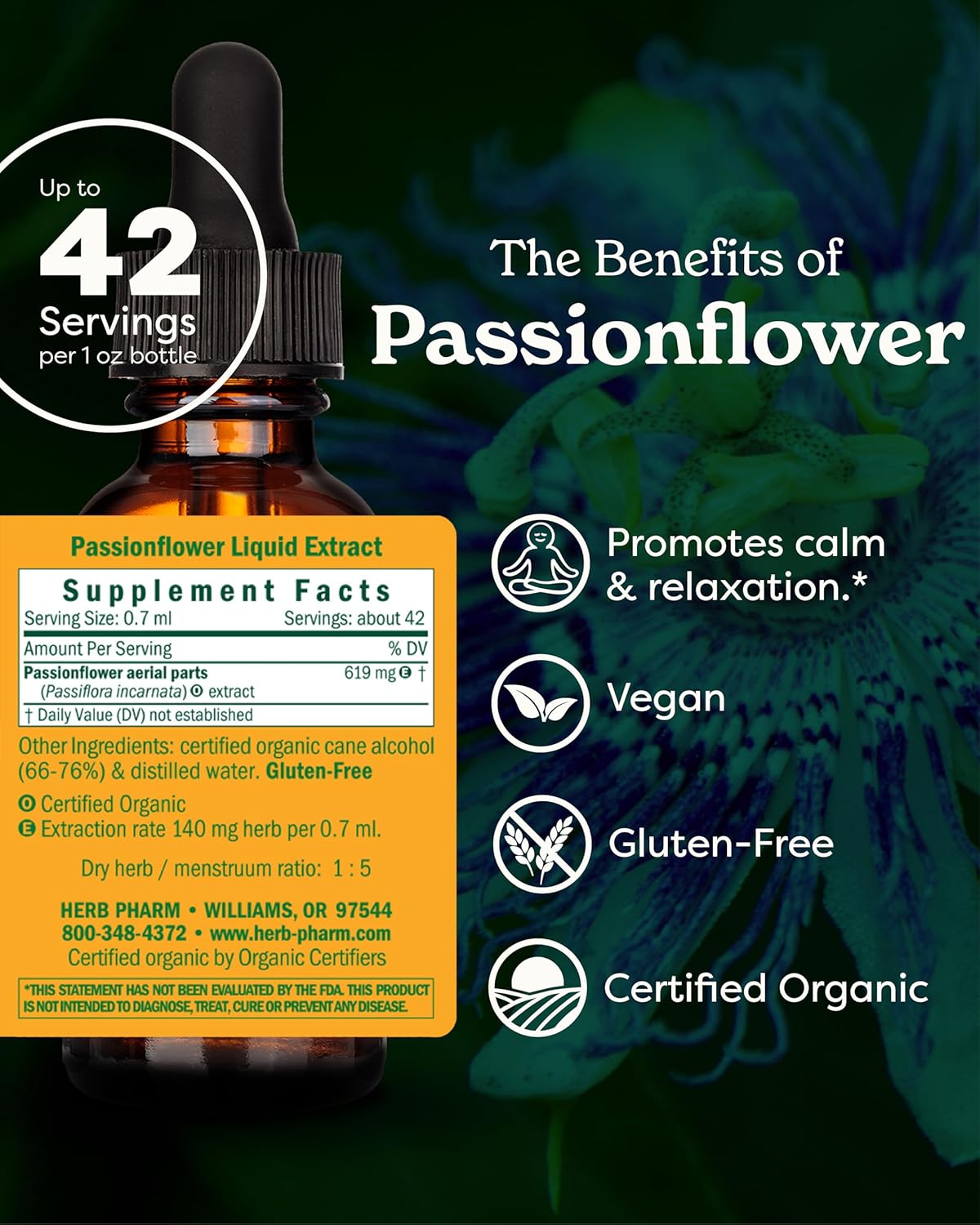 Organic Passionflower Extract 1oz for Mild Anxiety Relief - Herb Pharm Certified