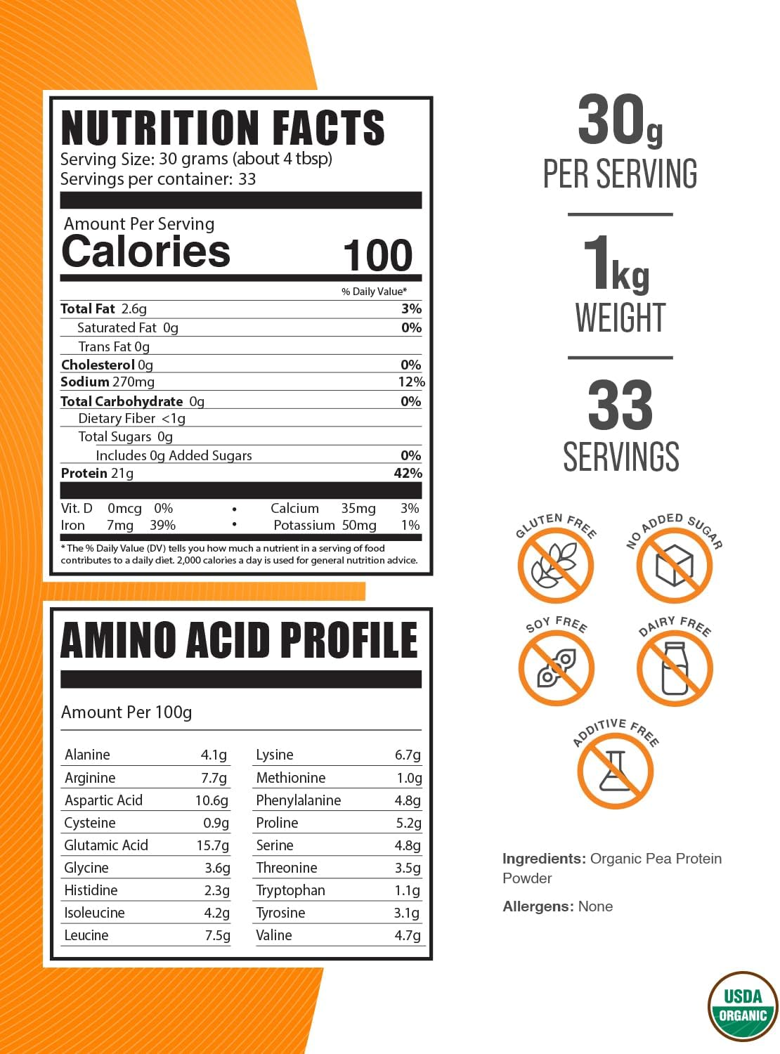 Organic Pea Protein Powder - Unflavored Vegan Plant Based Protein - Gluten Free - 30g per Serving - 1kg (2.2 lbs) - BulkSupplements