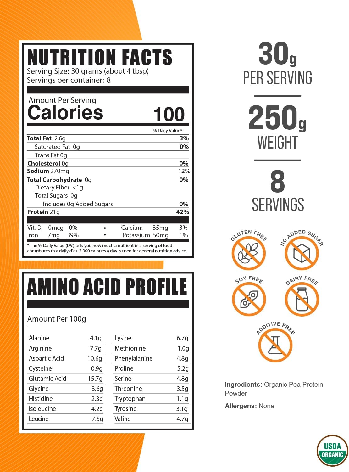 Organic Pea Protein Powder - Vegan, Unflavored Plant-Based Protein - Gluten Free, 30g per Serving - 250g Pack of 1