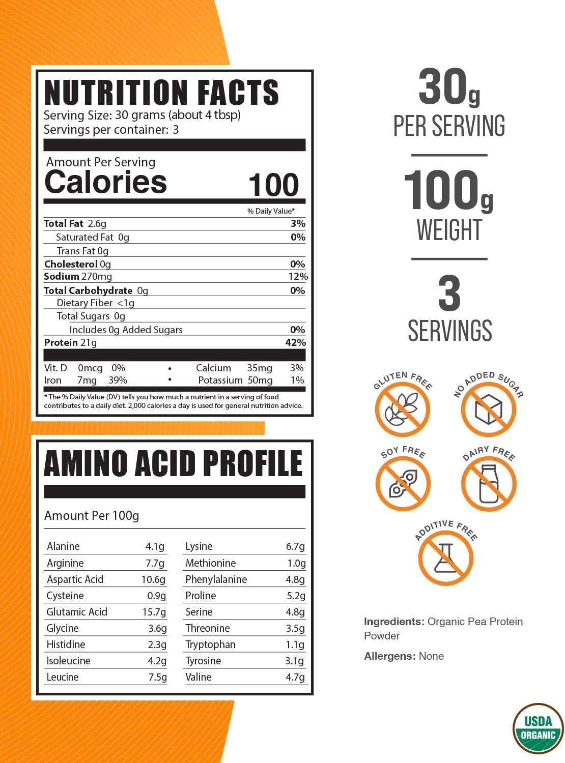 Organic Pea Protein Powder - Vegan, Unflavored, Plant Based - Gluten Free - 30g per Serving - 100g (3.5 oz) Pack of 1