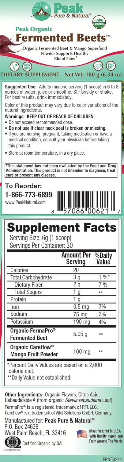 Organic Peak Pure & Natural Fermented Beet Powder Drink for Normal Blood Pressure - Nitric Oxide Support Superfood