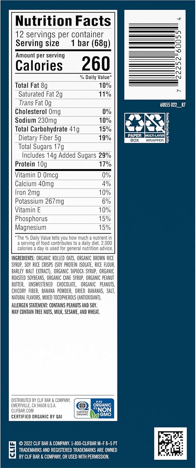 Organic Peanut Butter Banana Dark Chocolate Energy Bars - Non-GMO Plant Based Snack (12 Pack, 2.4 oz)