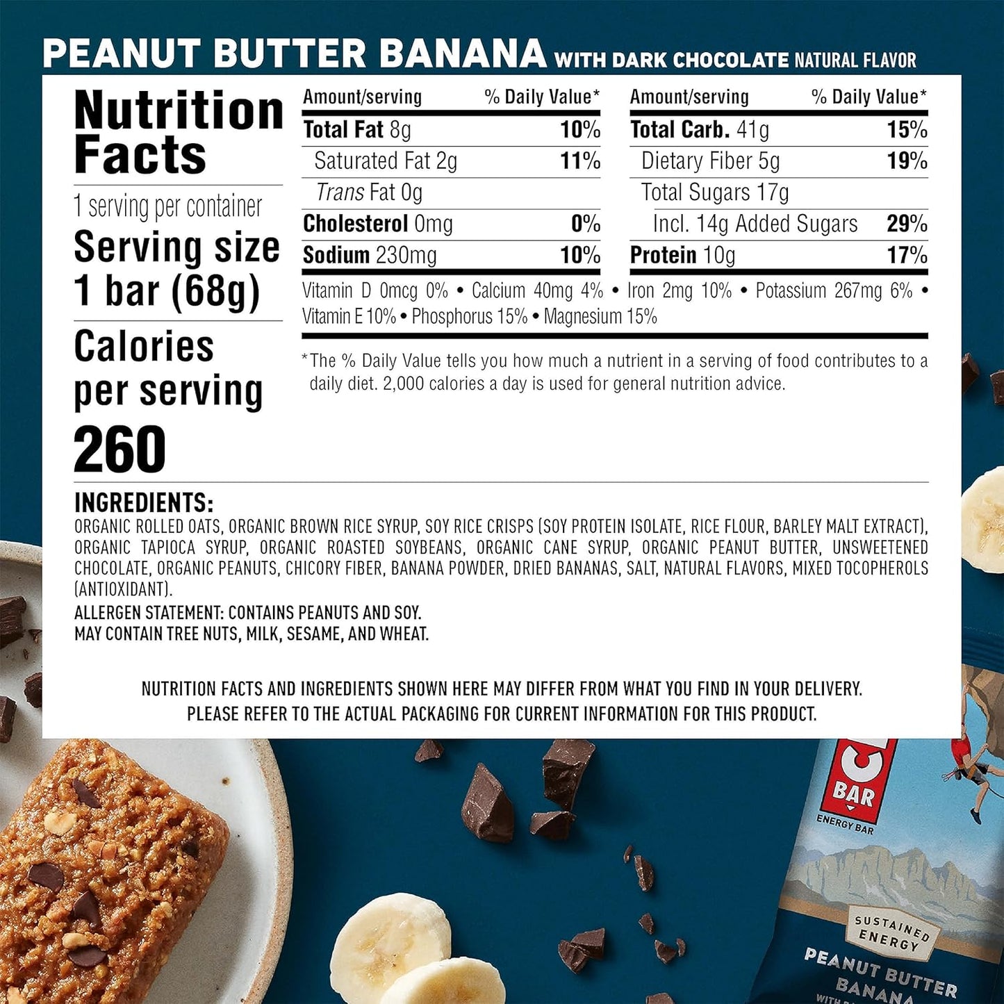 Organic Peanut Butter Banana Dark Chocolate Energy Bars - Non-GMO Plant Based Snack (12 Pack, 2.4 oz)