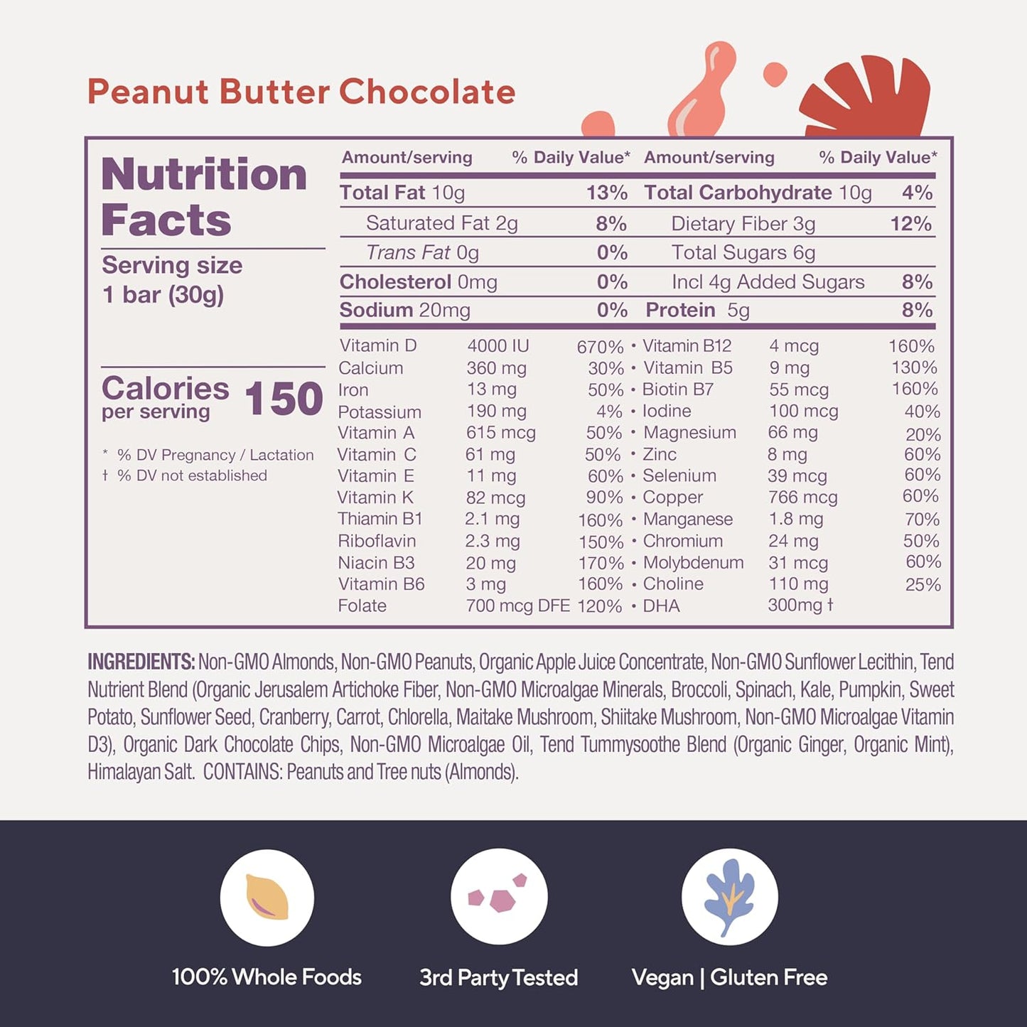 Organic Peanut Butter Chocolate Prenatal Vitamin Bar with DHA, Vitamin D, Folate for Pregnant & Postpartum Women - 4 Pack