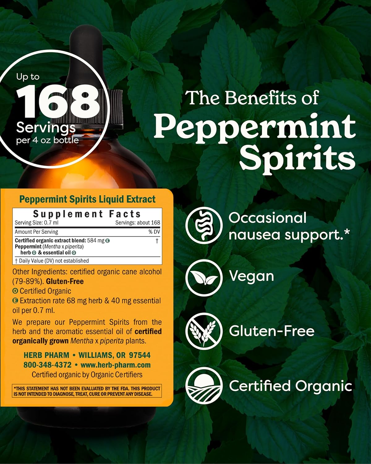 Organic Peppermint Spirits Liquid Extract for Digestive Support - 4 Ounce Bottle