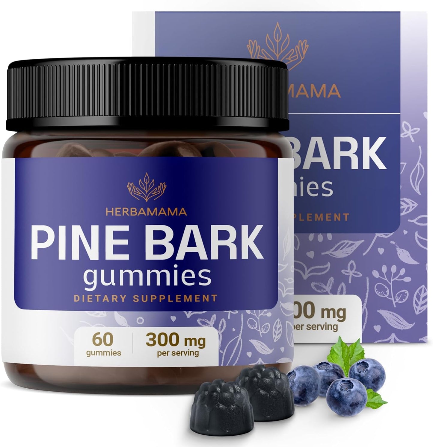 Organic Pine Bark Extract Gummies - 300mg French Maritime Pine Bark for Antioxidant Boost - Vegan, Non-GMO Supplement - 60 Blueberry-Flavored Chews