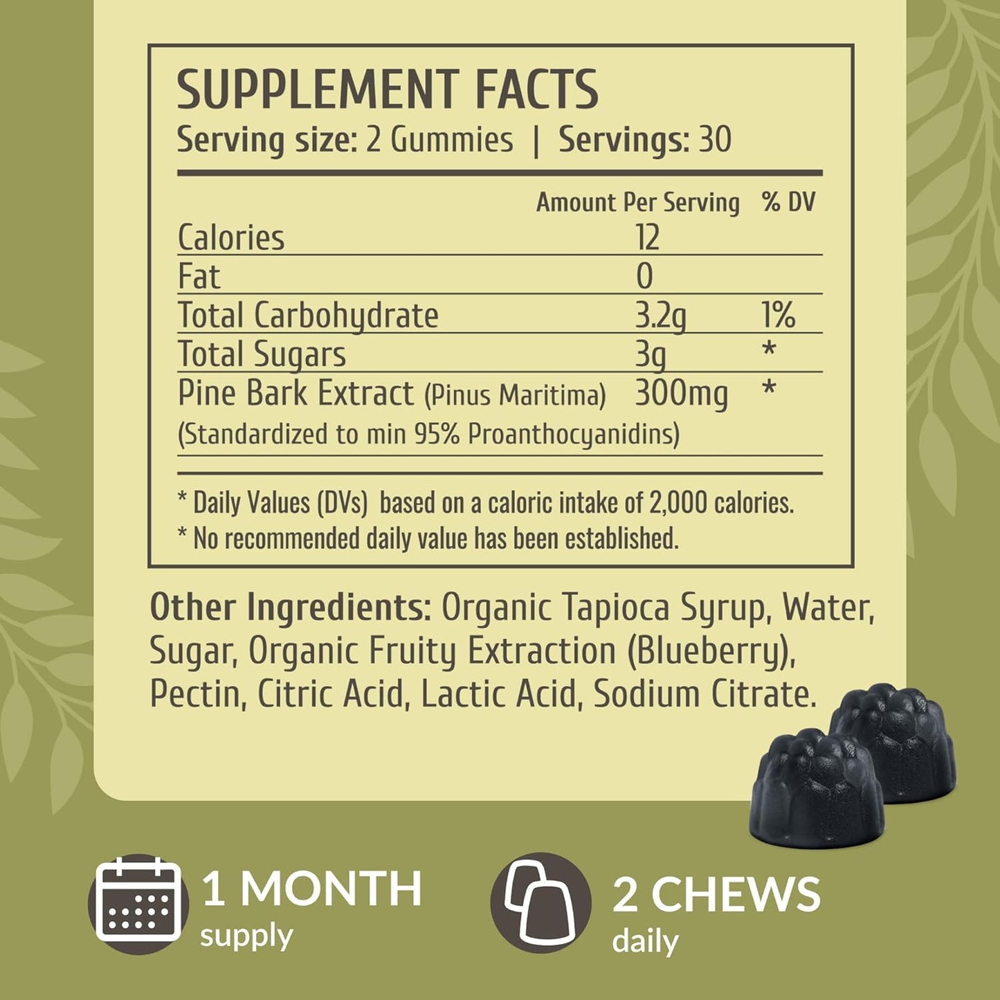 Organic Pine Bark Extract Gummies - 300mg French Maritime Pine Bark for Antioxidant Boost - Vegan, Non-GMO Supplement - 60 Blueberry-Flavored Chews