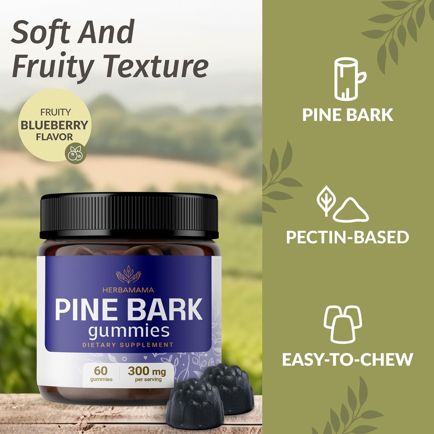 Organic Pine Bark Extract Gummies - 300mg French Maritime Pine Bark for Antioxidant Boost - Vegan, Non-GMO Supplement - 60 Blueberry-Flavored Chews