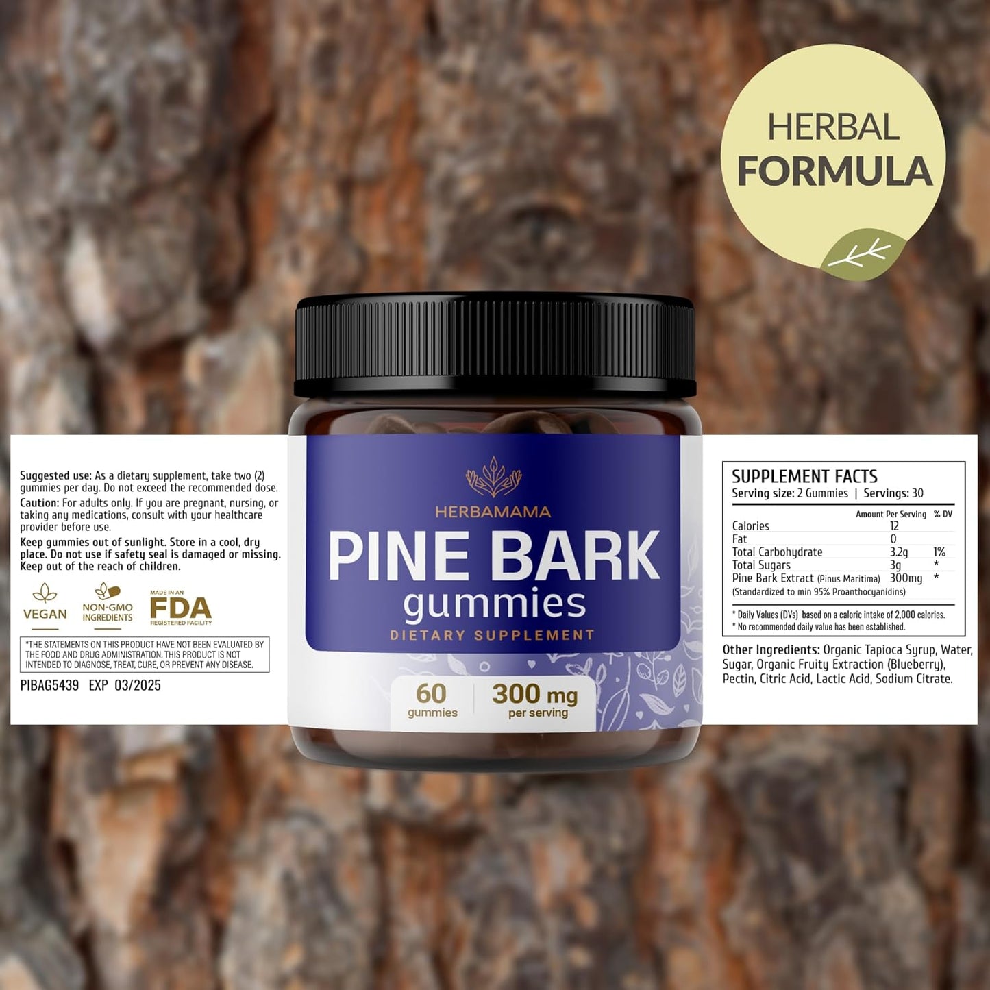 Organic Pine Bark Extract Gummies - 300mg French Maritime Pine Bark for Antioxidant Boost - Vegan, Non-GMO Supplement - 60 Blueberry-Flavored Chews