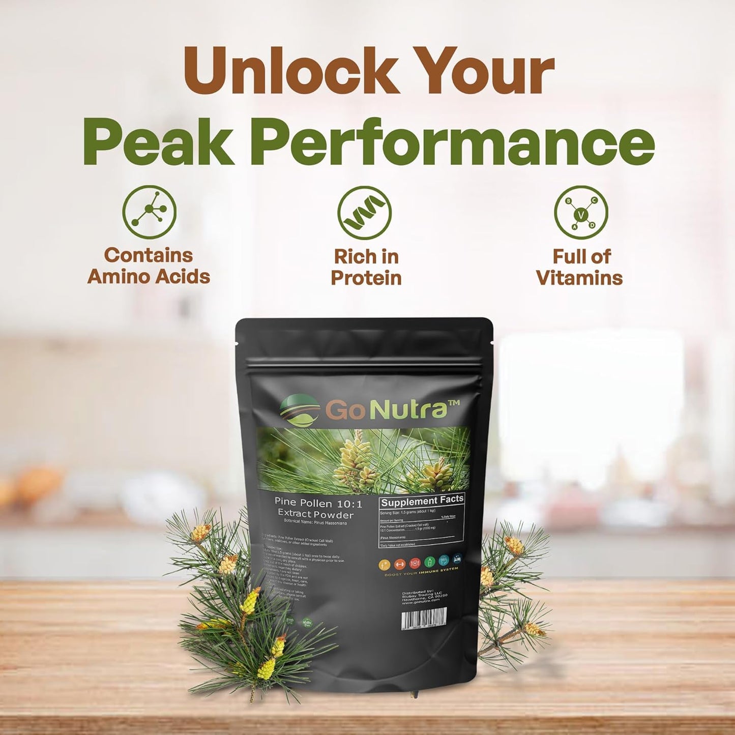 Organic Pine Pollen Powder - Pure 10:1 Extract from Masson Pine Trees, Non-GMO Vegan Superfood Supplement for Tea, Coffee, Smoothies - 8 oz