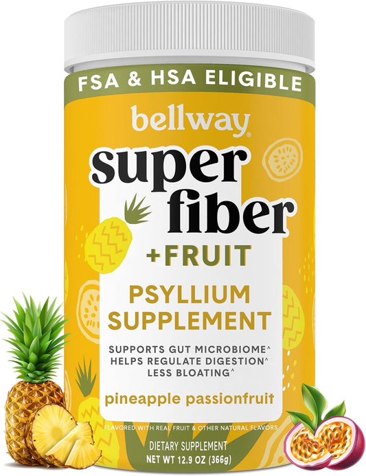 Organic Pineapple Passion Fruit Fiber Powder Supplement - Bellway Super Fiber Powder for Regularity, Bloating Relief & Gut Health - Sugar Free, Non-GMO Plant-Based Psyllium Husk (50 Servings)