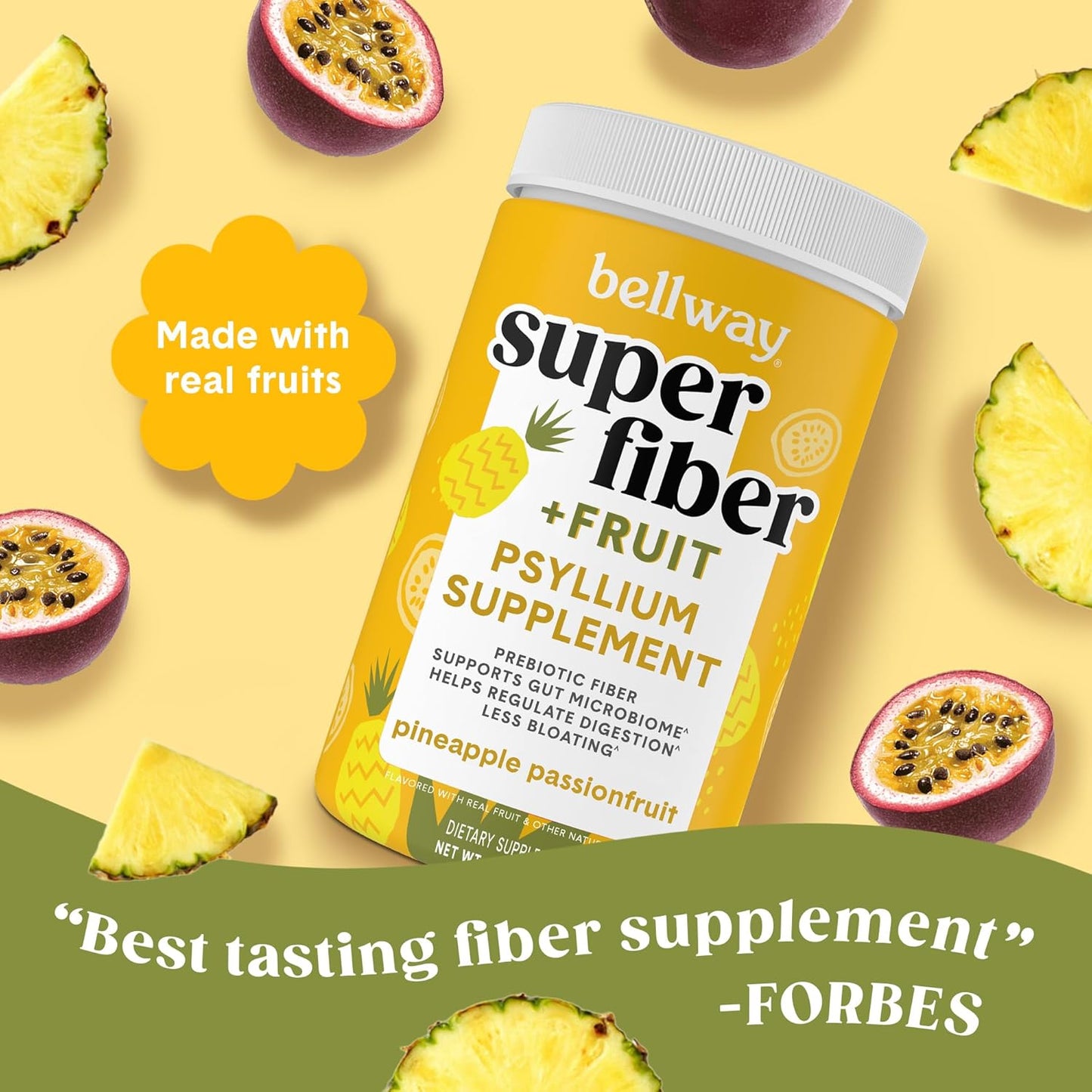 Organic Pineapple Passion Fruit Fiber Powder Supplement - Bellway Super Fiber Powder for Regularity, Bloating Relief & Gut Health - Sugar Free, Non-GMO Plant-Based Psyllium Husk (50 Servings)