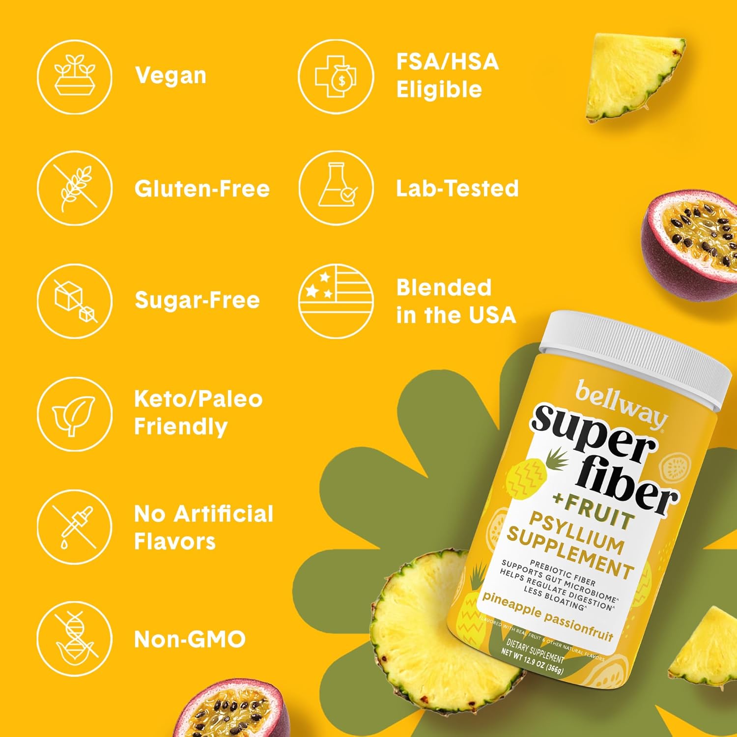 Organic Pineapple Passion Fruit Fiber Powder Supplement - Bellway Super Fiber Powder for Regularity, Bloating Relief & Gut Health - Sugar Free, Non-GMO Plant-Based Psyllium Husk (50 Servings)