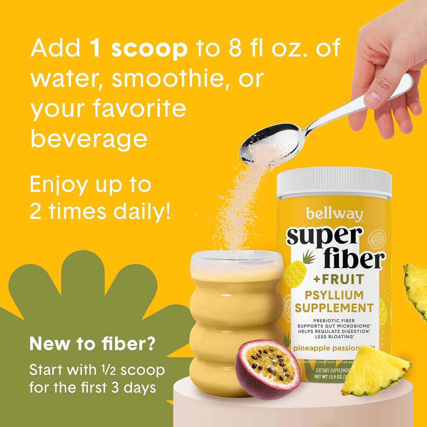 Organic Pineapple Passion Fruit Fiber Powder Supplement - Bellway Super Fiber Powder for Regularity, Bloating Relief & Gut Health - Sugar Free, Non-GMO Plant-Based Psyllium Husk (50 Servings)