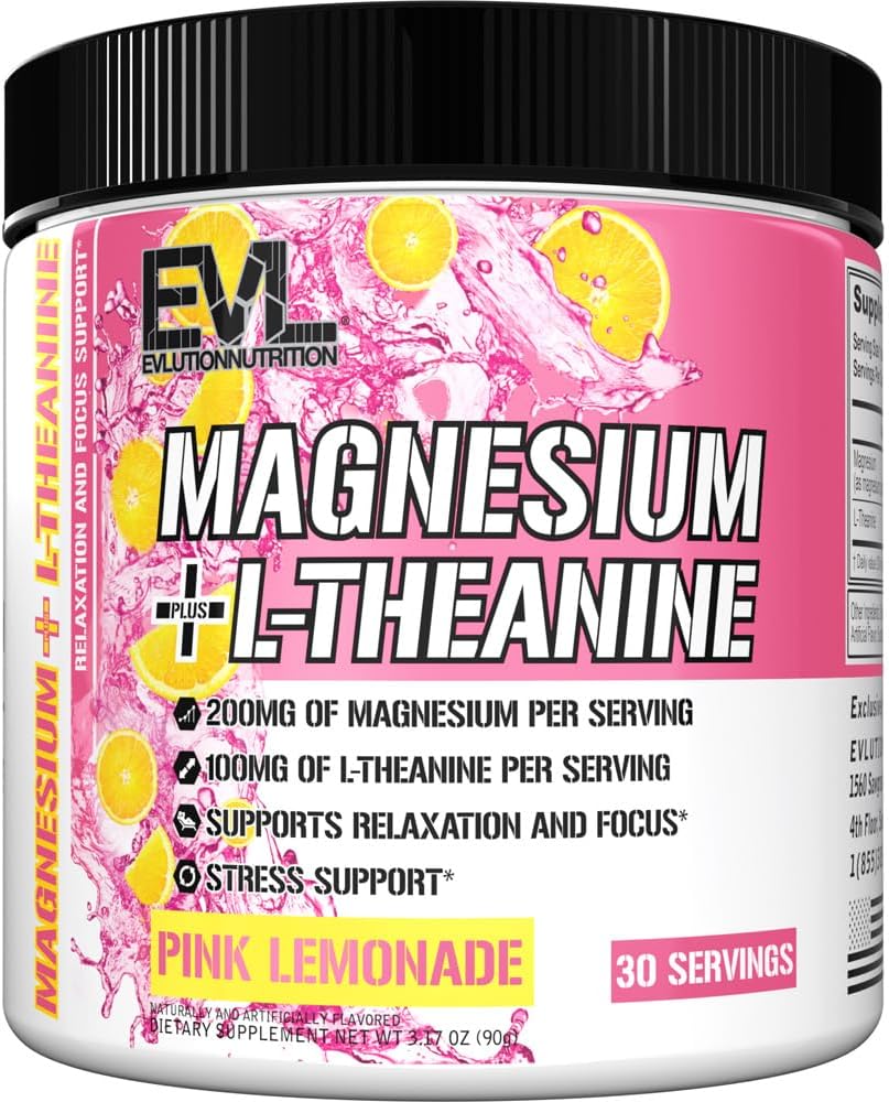 Organic Pink Lemonade Magnesium + L-Theanine Powder - Vegan Relaxation & Focus Supplement - 200mg Magnesium + 100mg L-Theanine - Non-GMO - 30 Servings