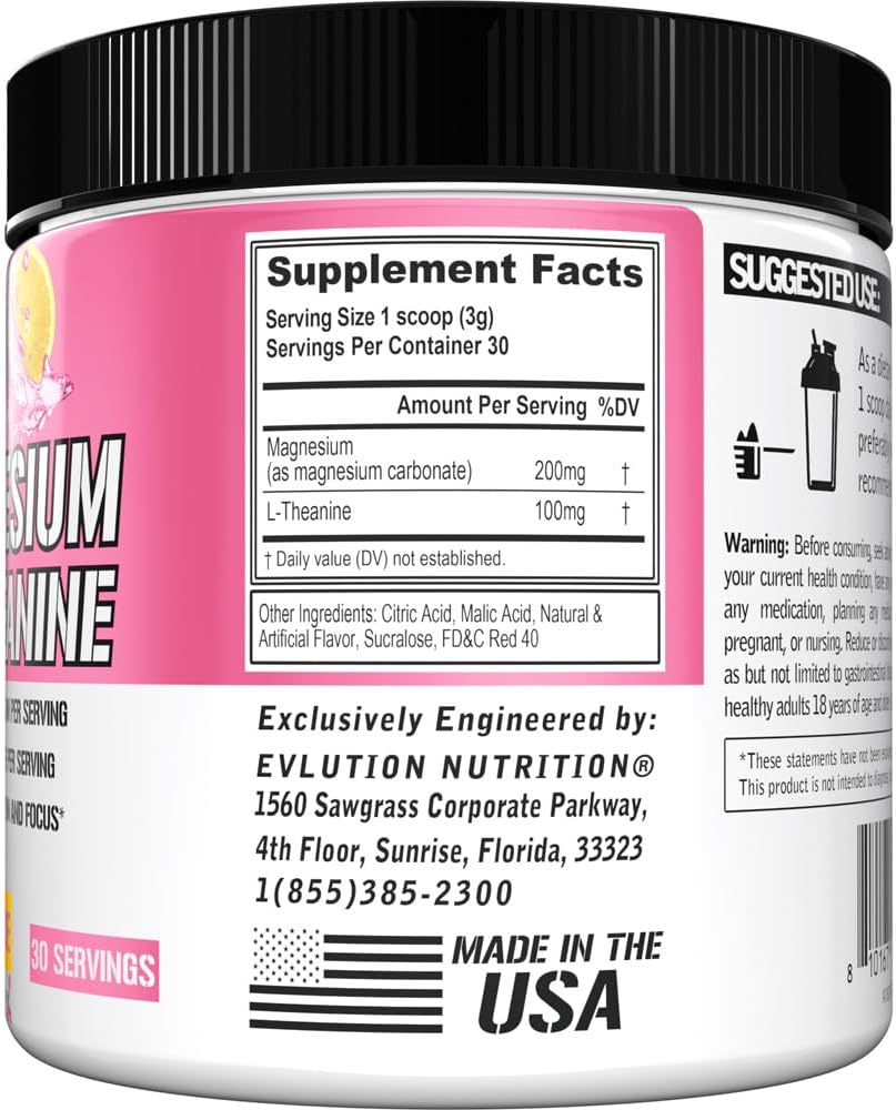 Organic Pink Lemonade Magnesium + L-Theanine Powder - Vegan Relaxation & Focus Supplement - 200mg Magnesium + 100mg L-Theanine - Non-GMO - 30 Servings