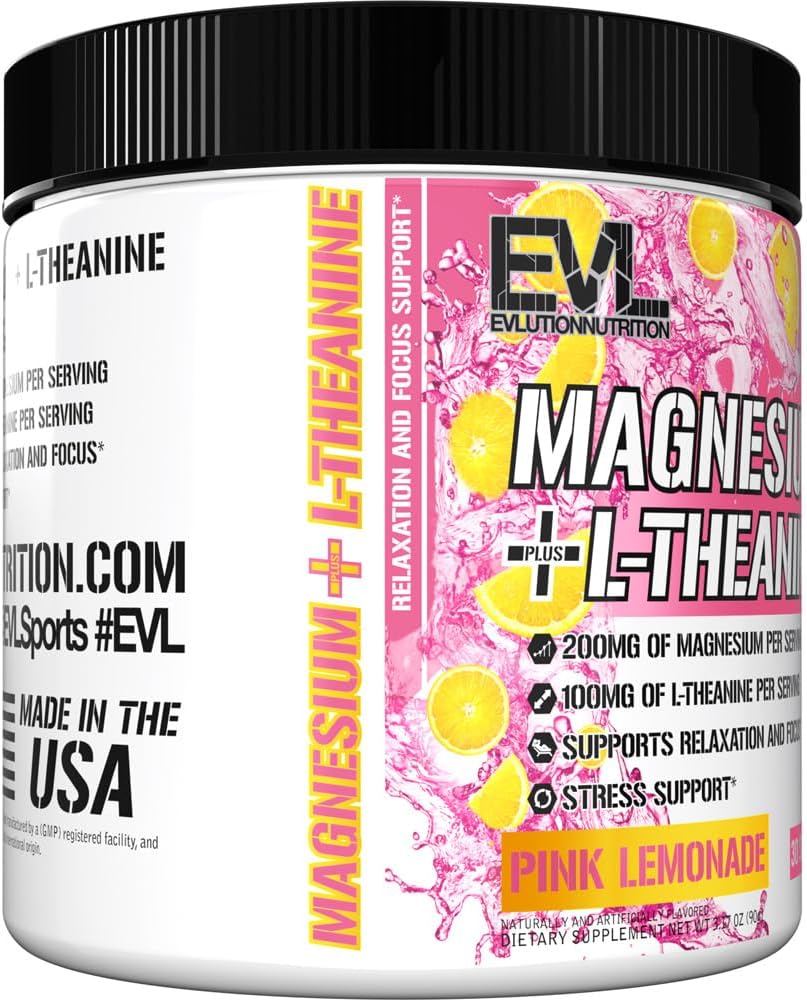 Organic Pink Lemonade Magnesium + L-Theanine Powder - Vegan Relaxation & Focus Supplement - 200mg Magnesium + 100mg L-Theanine - Non-GMO - 30 Servings