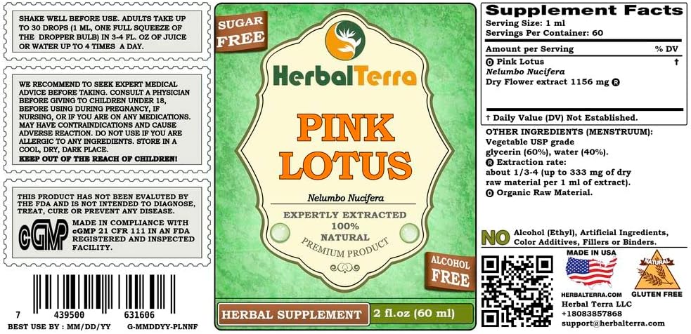 Organic Pink Lotus Glycerite Extract - Herbal Terra LLC 2 oz Liquid, Alcohol-Free