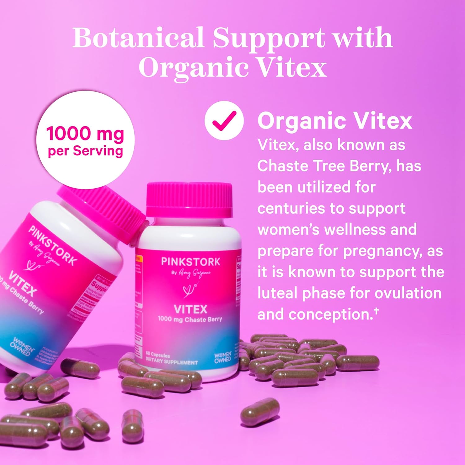 Organic Pink Stork Vitex Supplement - 1000mg Chaste Tree Berry for Hormone Balance, Fertility Support - 60 Capsules