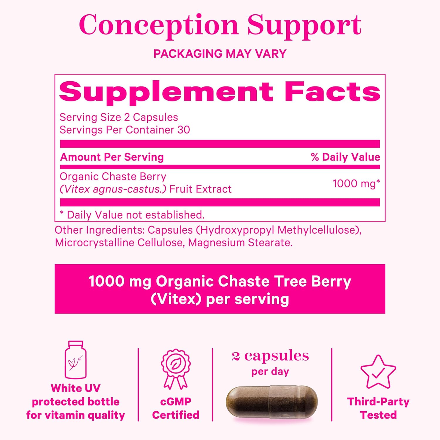 Organic Pink Stork Vitex Supplement - 1000mg Chaste Tree Berry for Hormone Balance, Fertility Support - 60 Capsules