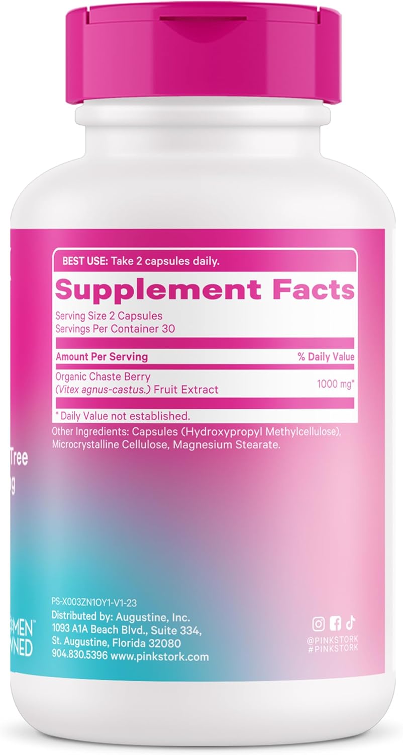 Organic Pink Stork Vitex Supplement - 1000mg Chaste Tree Berry for Hormone Balance, Fertility Support - 60 Capsules