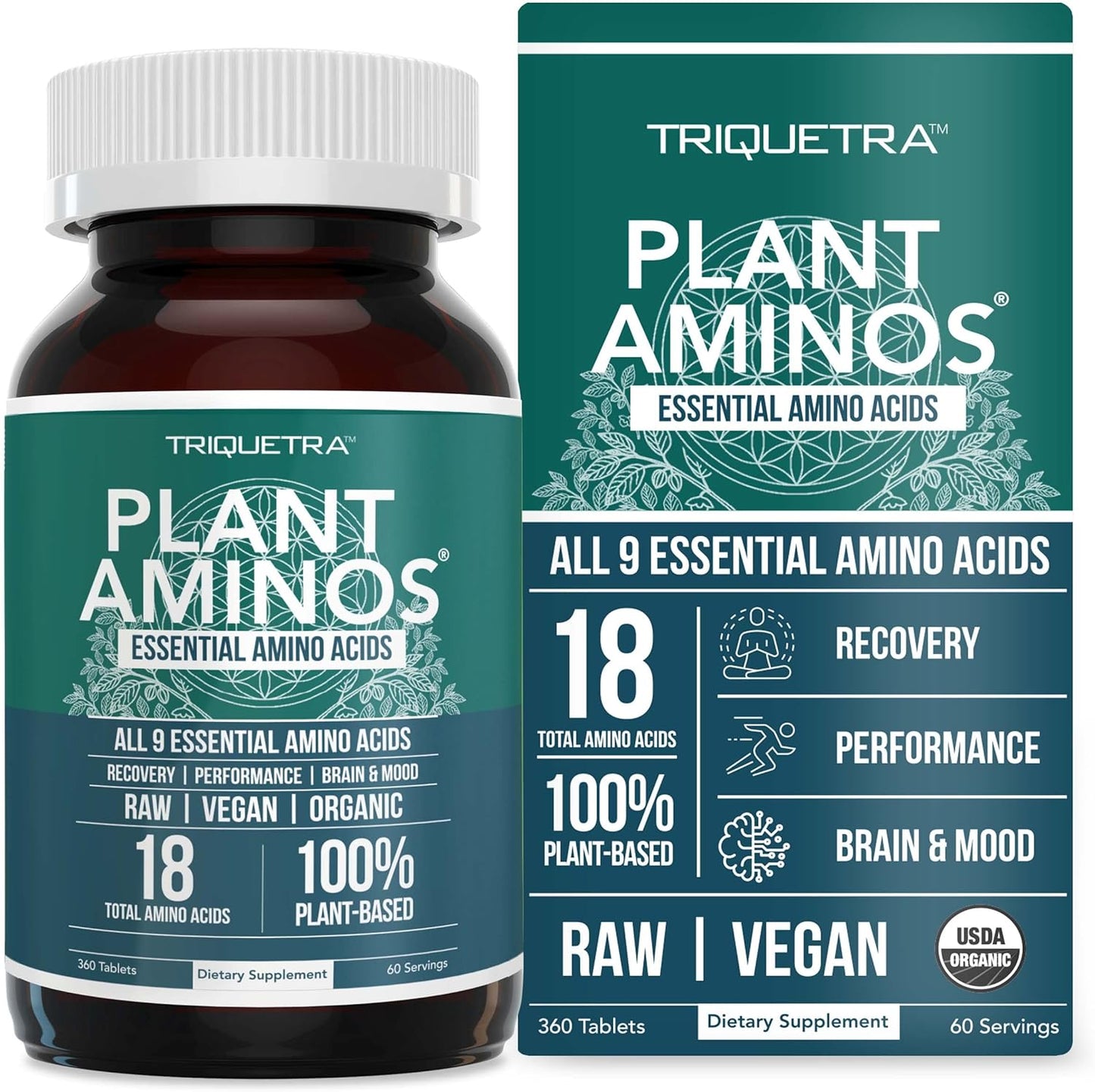 Organic Plant Aminos: Essential & Branched-Chain Amino Acids (EAAs & BCAAs) - 100% Vegan, Raw, All 9 Amino Acids - 360 Tablets