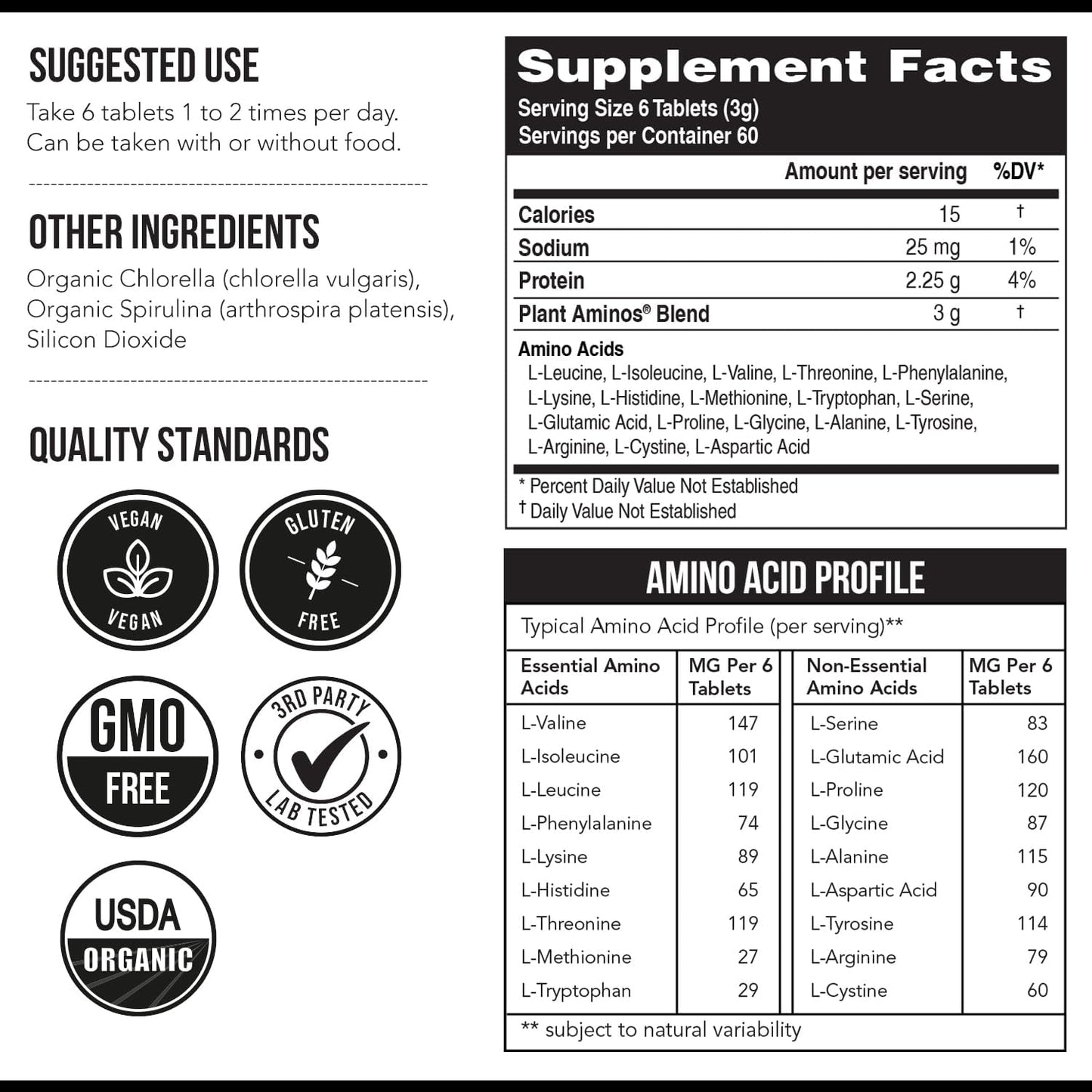 Organic Plant Aminos: Essential & Branched-Chain Amino Acids (EAAs & BCAAs) - 100% Vegan, Raw, All 9 Amino Acids - 360 Tablets