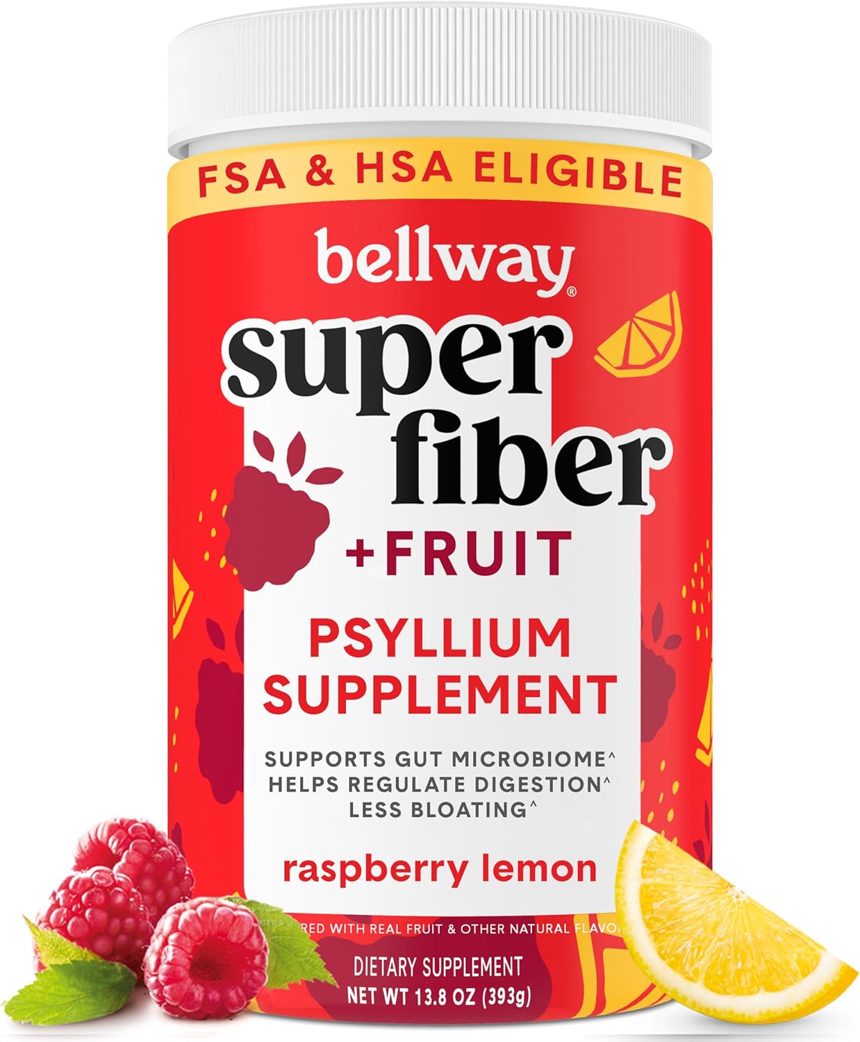 Organic Plant-Based Bellway Super Fiber Powder with Psyllium Husk for Gut Health - Raspberry Lemon Flavor, Sugar-Free, Non-GMO (50 Servings)