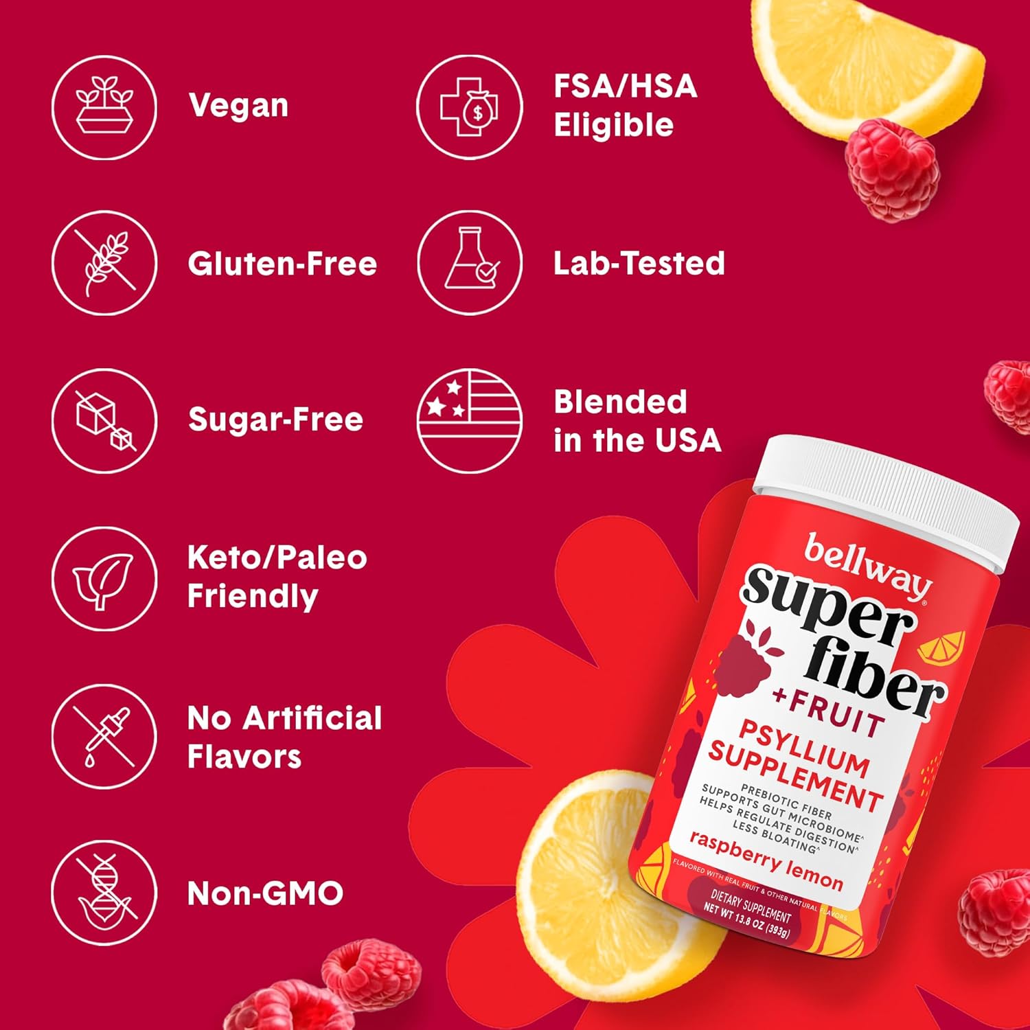 Organic Plant-Based Bellway Super Fiber Powder with Psyllium Husk for Gut Health - Raspberry Lemon Flavor, Sugar-Free, Non-GMO (50 Servings)