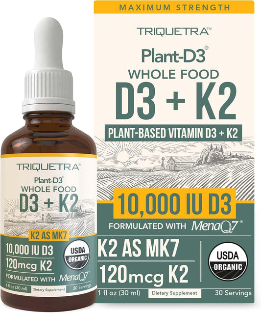 Organic Plant-Based D3 + K2 Drops for Immunity, Bones, Mood & Brain - 10,000 iu D3 & 120 mcg K2 - Vegan & All-Trans MK7 Formula
