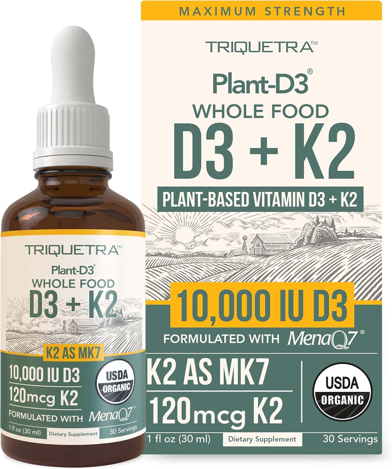 Organic Plant-Based D3 + K2 Drops for Immunity, Bones, Mood & Brain - 10,000 iu D3 & 120 mcg K2 - Vegan & All-Trans MK7 Formula