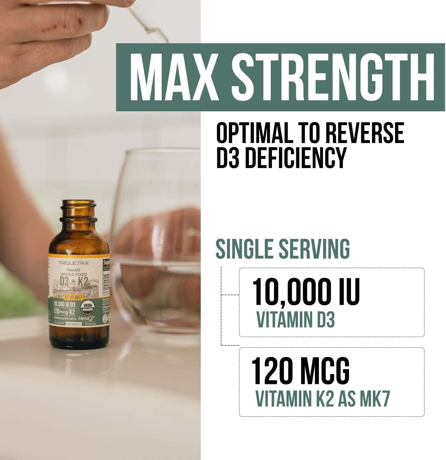 Organic Plant-Based D3 + K2 Drops for Immunity, Bones, Mood & Brain - 10,000 iu D3 & 120 mcg K2 - Vegan & All-Trans MK7 Formula