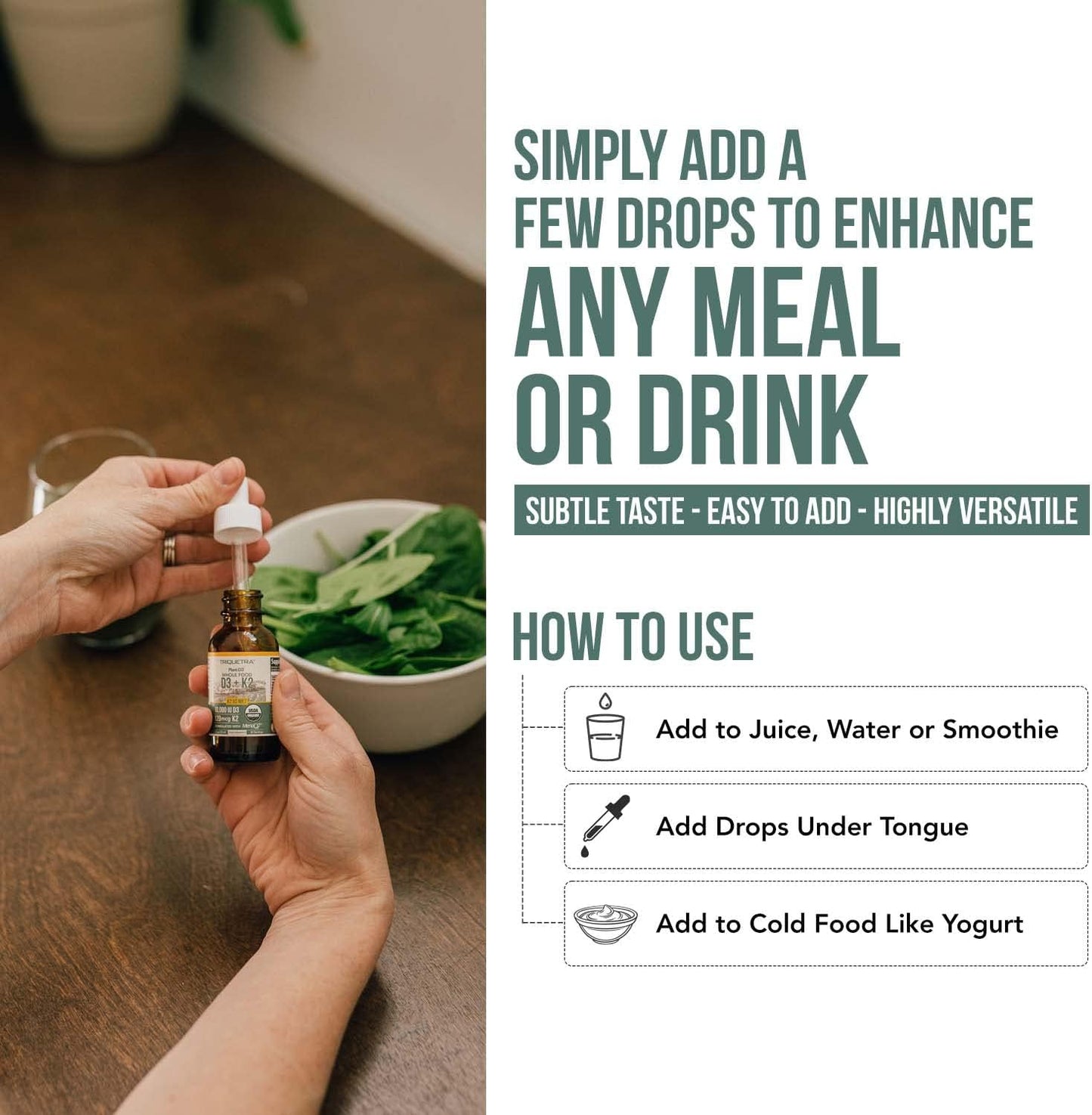 Organic Plant-Based D3 + K2 Drops for Immunity, Bones, Mood & Brain - 10,000 iu D3 & 120 mcg K2 - Vegan & All-Trans MK7 Formula