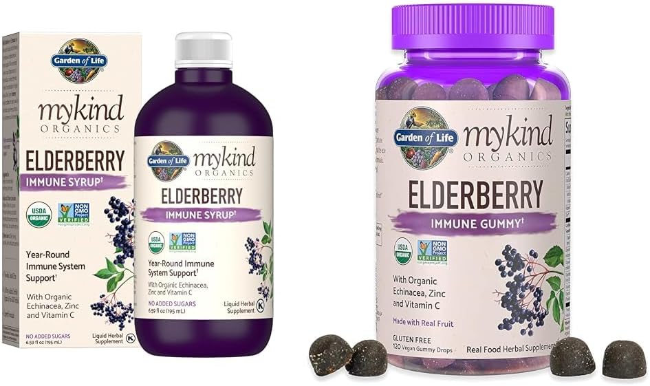 Organic Plant-Based Elderberry Immune Syrup & Gummies Bundle - 6.59 fl oz Syrup, Adults & Kids Formula