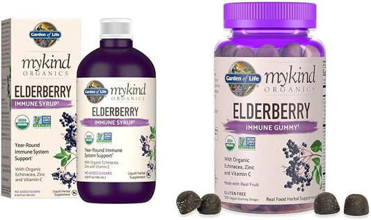Organic Plant-Based Elderberry Immune Syrup & Gummies Bundle - 6.59 fl oz Syrup, Adults & Kids Formula