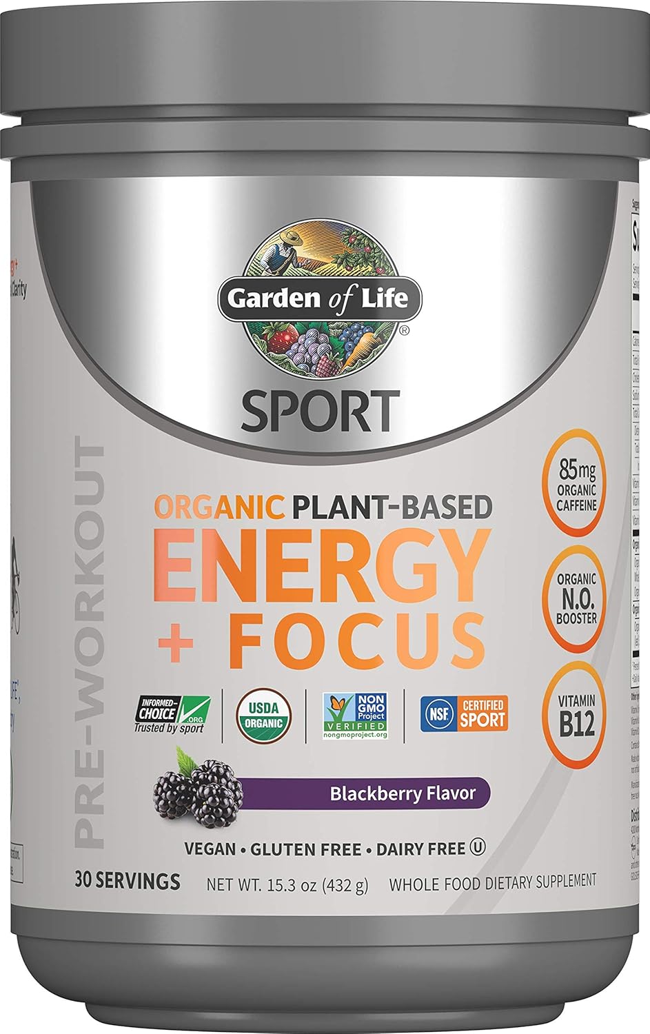 Organic Plant Based Energy + Focus Pre Workout Powder - Garden of Life Sport, 85mg Caffeine, B12, Vegan, Gluten Free, Non-GMO - Blackberry Flavor, 15.3 Oz