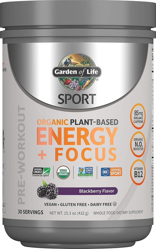 Organic Plant Based Energy + Focus Pre Workout Powder - Garden of Life Sport, 85mg Caffeine, B12, Vegan, Gluten Free, Non-GMO - Blackberry Flavor, 15.3 Oz