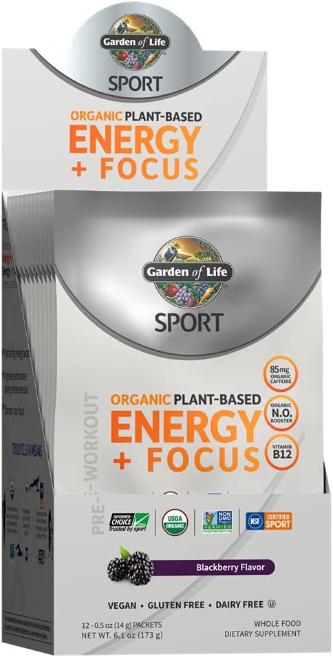 Organic Plant-Based Energy + Focus Pre Workout Powder Packets, Blackberry Flavor - Clean Preworkout with 85mg Caffeine, Natural NO Booster B12 Vegan Gluten Free Non-GMO 12ct Tray by Garden of Life SPORT