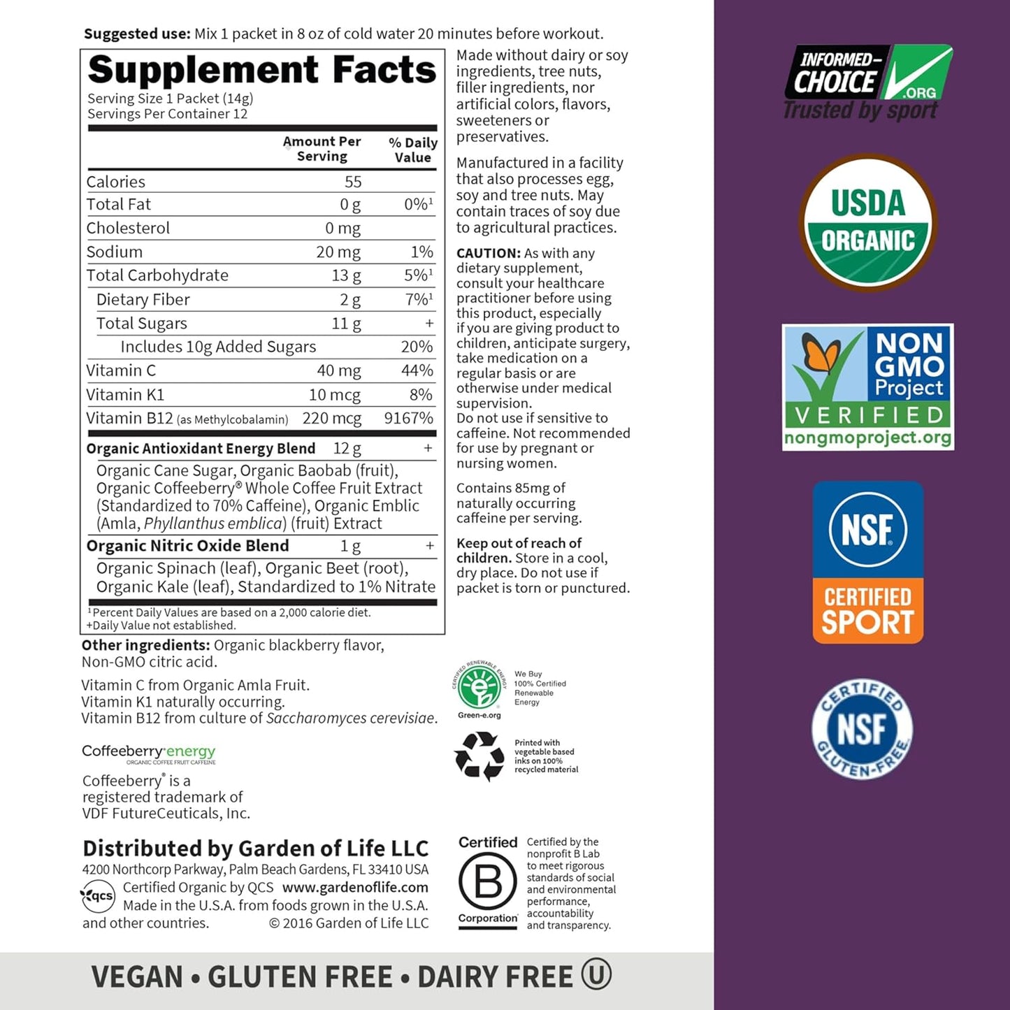 Organic Plant-Based Energy + Focus Pre Workout Powder Packets, Blackberry Flavor - Clean Preworkout with 85mg Caffeine, Natural NO Booster B12 Vegan Gluten Free Non-GMO 12ct Tray by Garden of Life SPORT