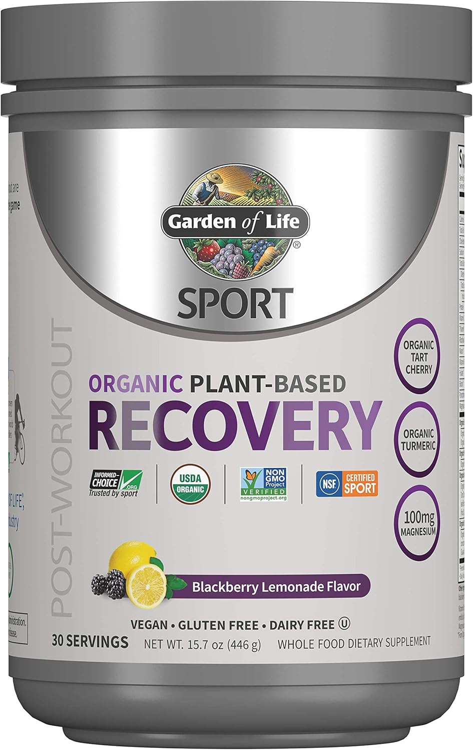 Organic Plant Based Post Workout Muscle Recovery Powder - BlackBerry Lemonade, 30 Servings, 100mg Magnesium, Antioxidants, 15.7 Oz - Garden of Life Sport Vegan for Men & Women