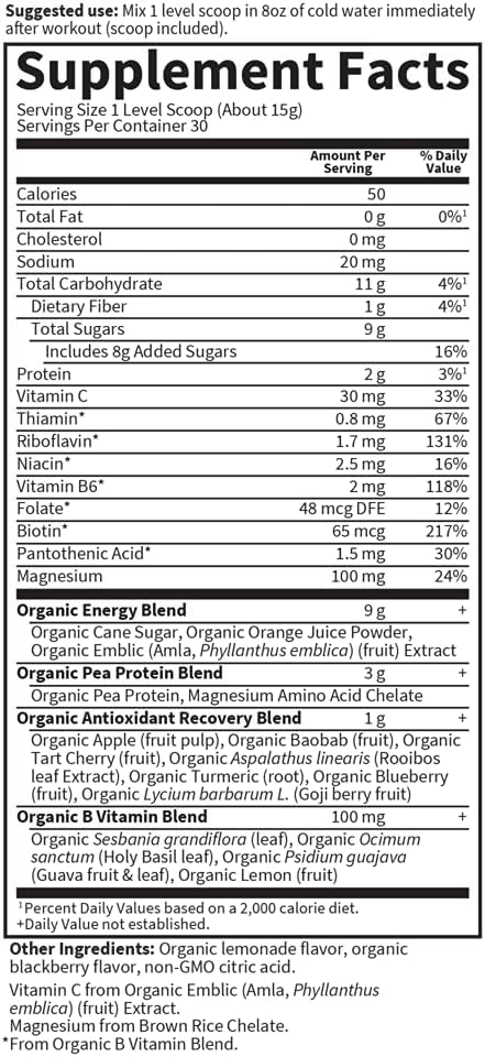 Organic Plant Based Post Workout Muscle Recovery Powder - BlackBerry Lemonade, 30 Servings, 100mg Magnesium, Antioxidants, 15.7 Oz - Garden of Life Sport Vegan for Men & Women