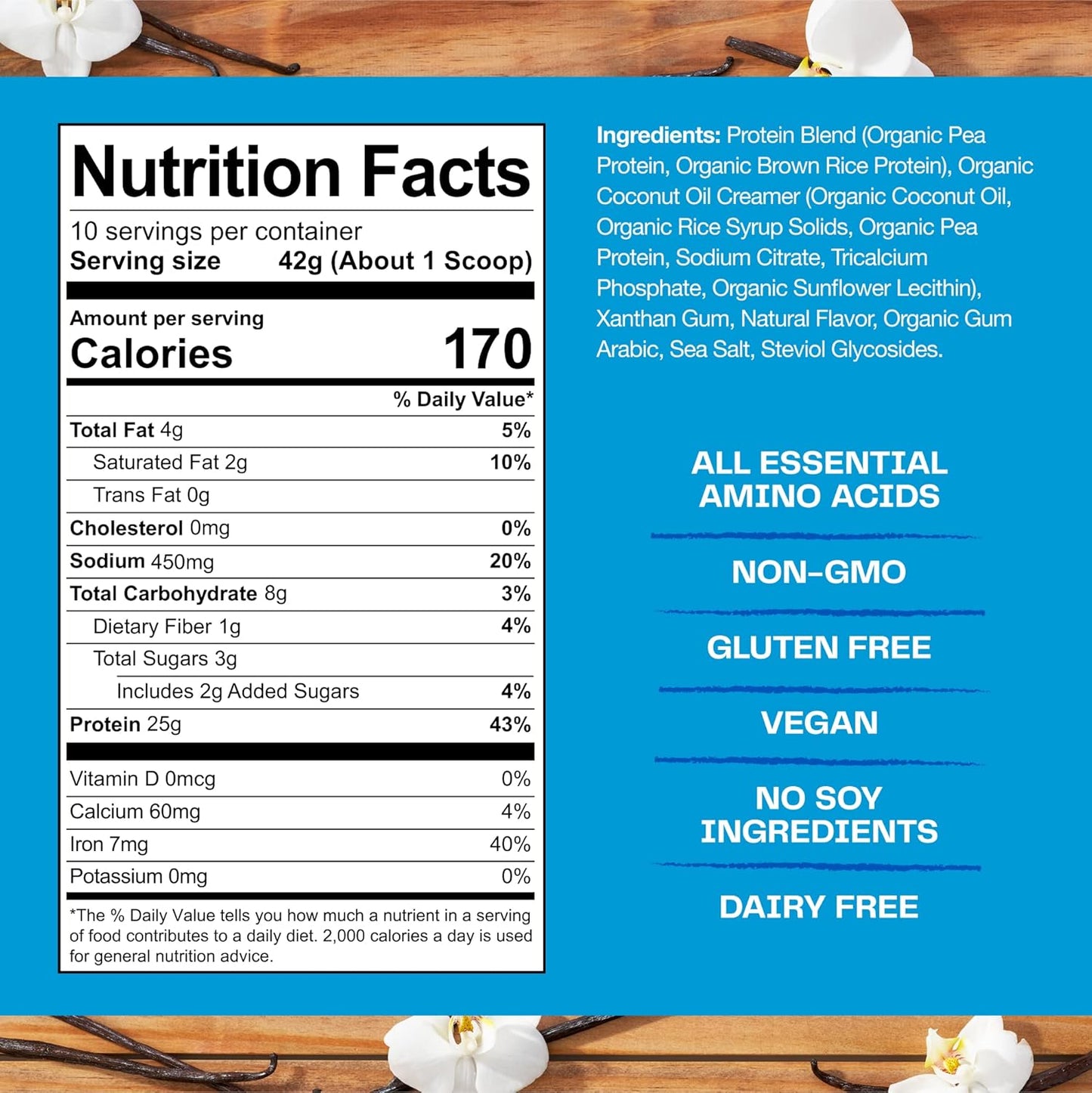 Organic Plant-Based Protein Powder - Creamy Vanilla Flavor, 25g Protein, Dairy, Gluten, Soy Free - 10 Servings
