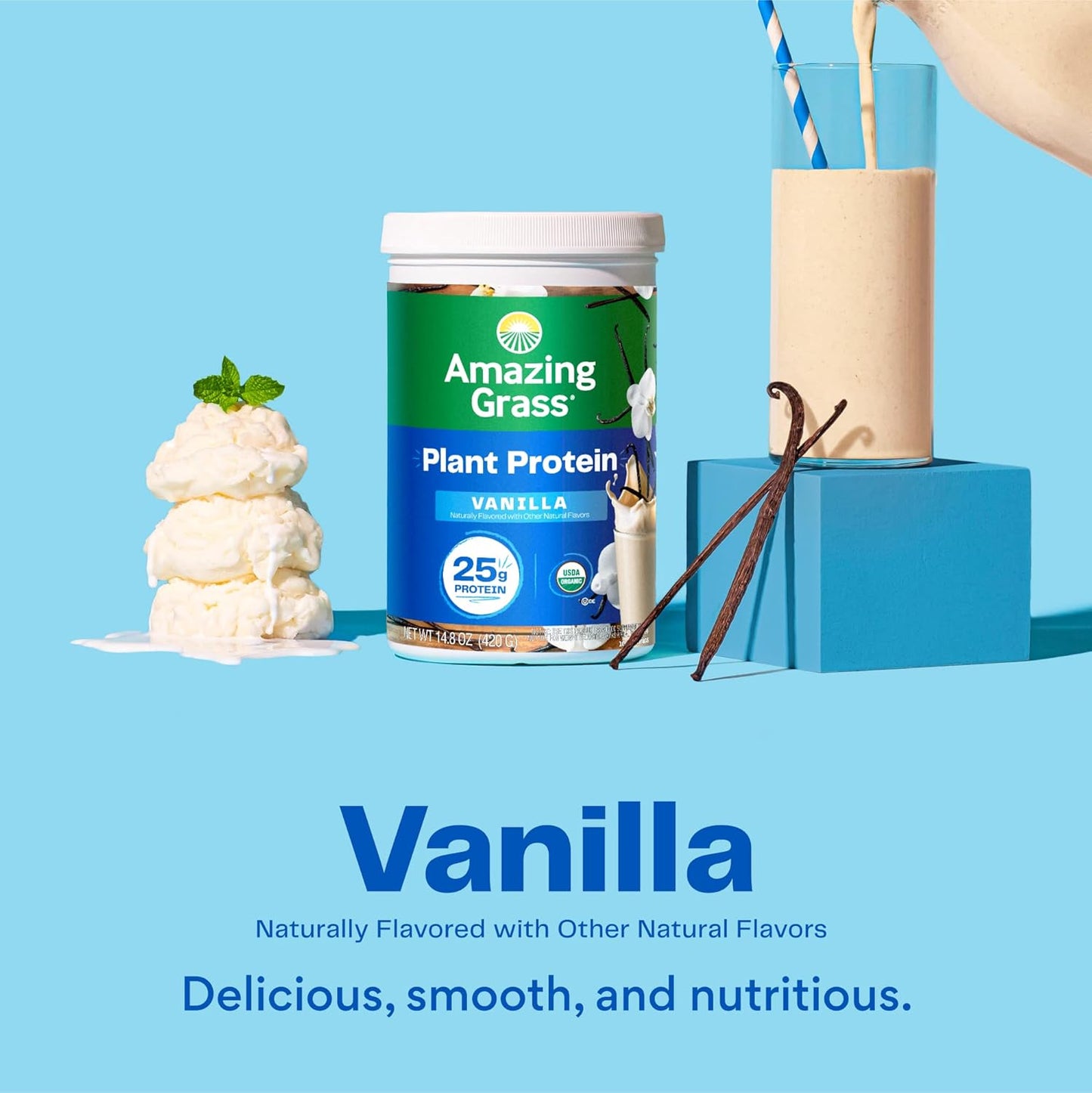 Organic Plant-Based Protein Powder - Creamy Vanilla Flavor, 25g Protein, Dairy, Gluten, Soy Free - 10 Servings