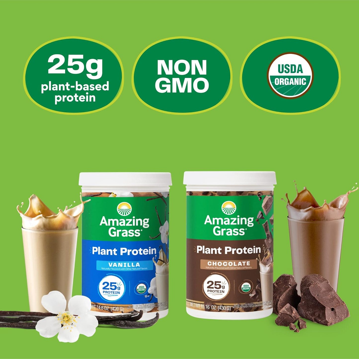 Organic Plant-Based Protein Powder - Creamy Vanilla Flavor, 25g Protein, Dairy, Gluten, Soy Free - 10 Servings